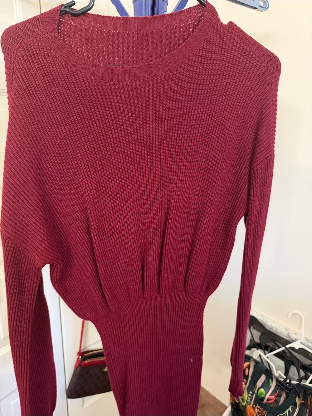 SHEIN Burgundy Ribbed Crewneck Sweater Dress